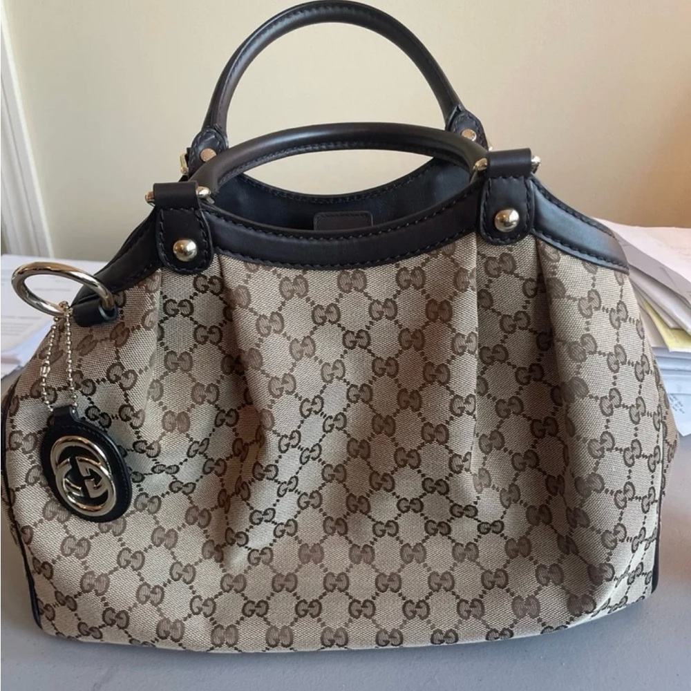 Gucci Beige and Black GG Canvas Satchel
